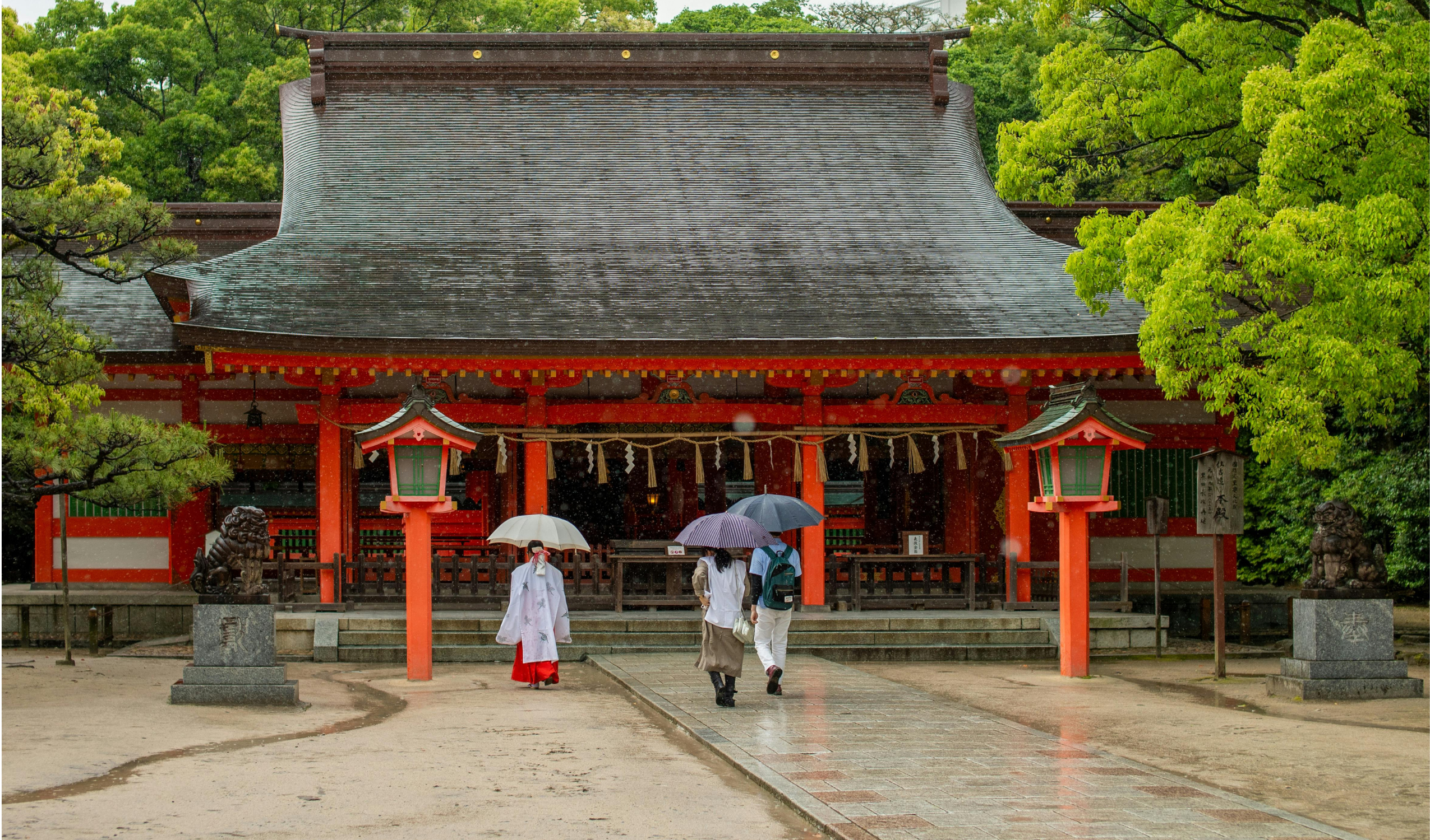 Santuario japonés rodeado de árboles en un día de lluvia