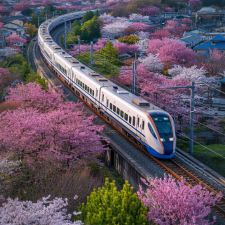 Tren recorriendo una vía rodeada de cerezos en flor en Japón