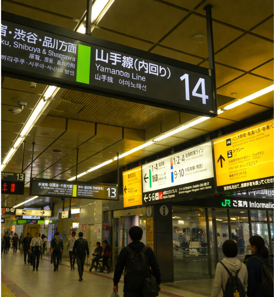 Cartel de la línea Yamanote en la estación de Shinjuku, Tokio, indicando el andén 14 hacia Shibuya y Shinagawa.