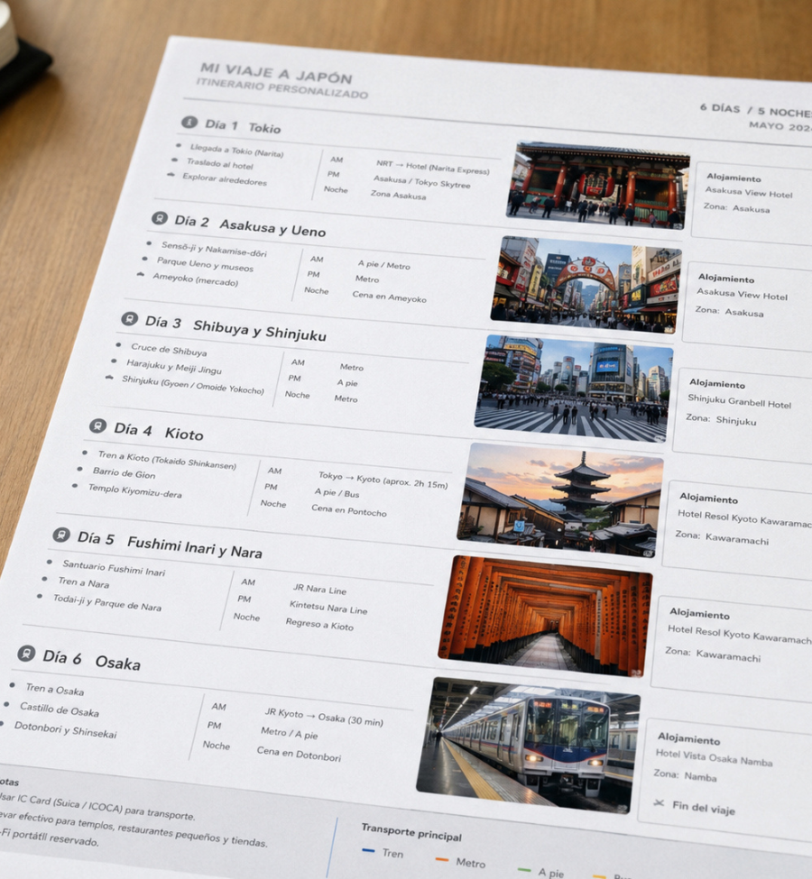 Documento de itinerario personalizado de viaje a Japón con planificación día a día sobre una mesa