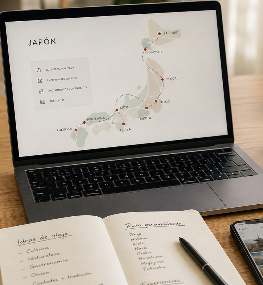 Mesa de planificación de viaje a Japón con portátil, libreta, móvil, pasaporte y café
